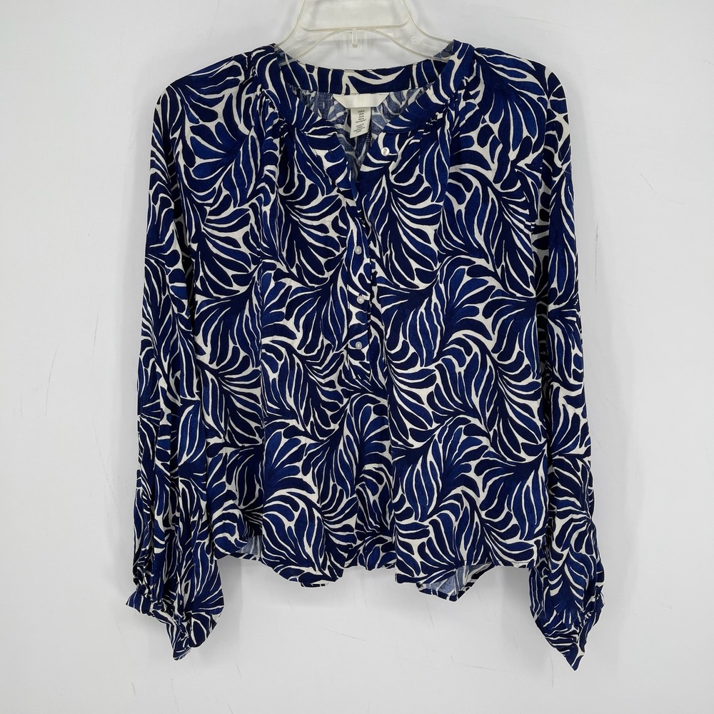 H&M Women's Blue Leaf Print Long Sleeve Button Front Peasant Top Blouse Size M